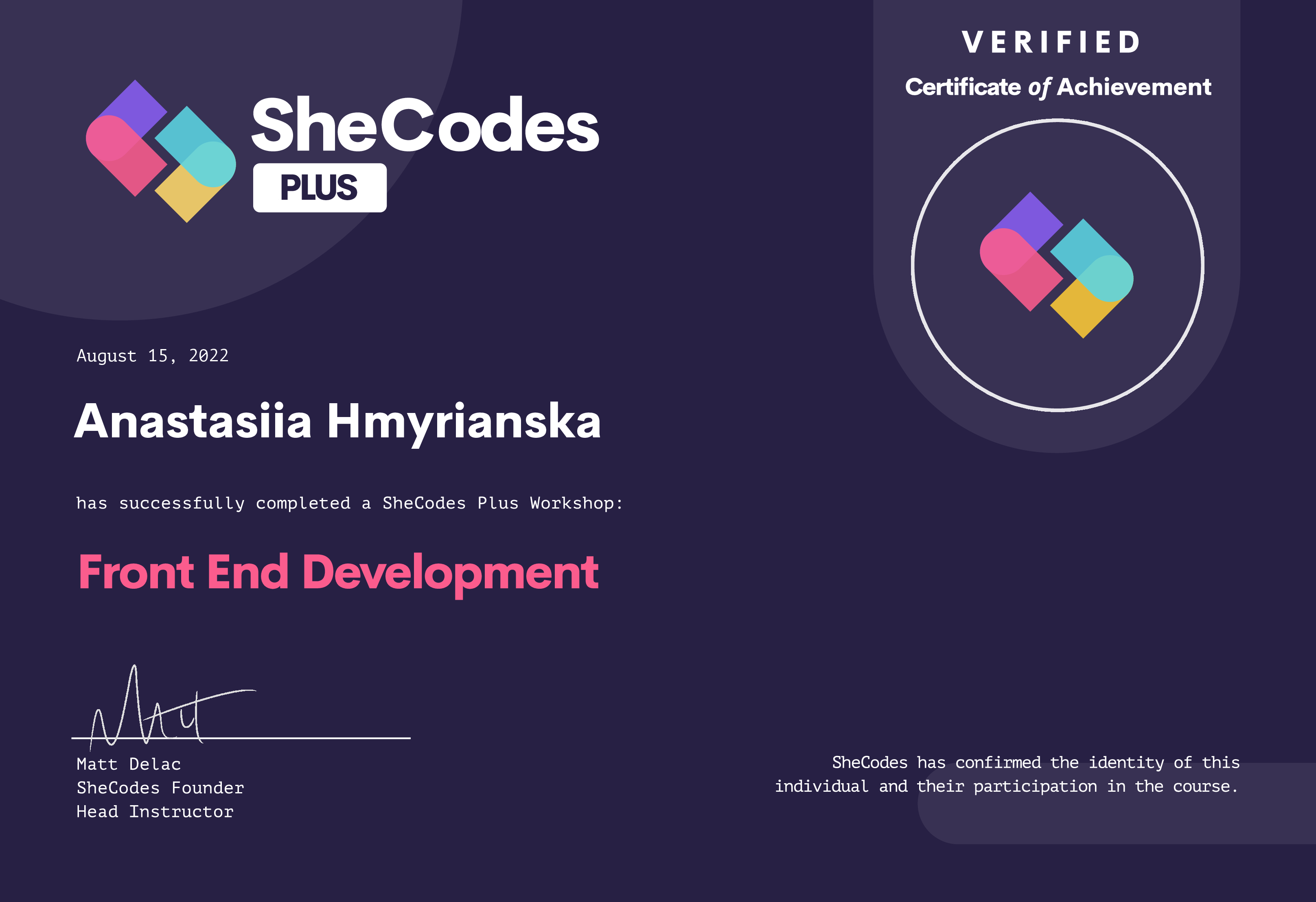 SheCodes certificate